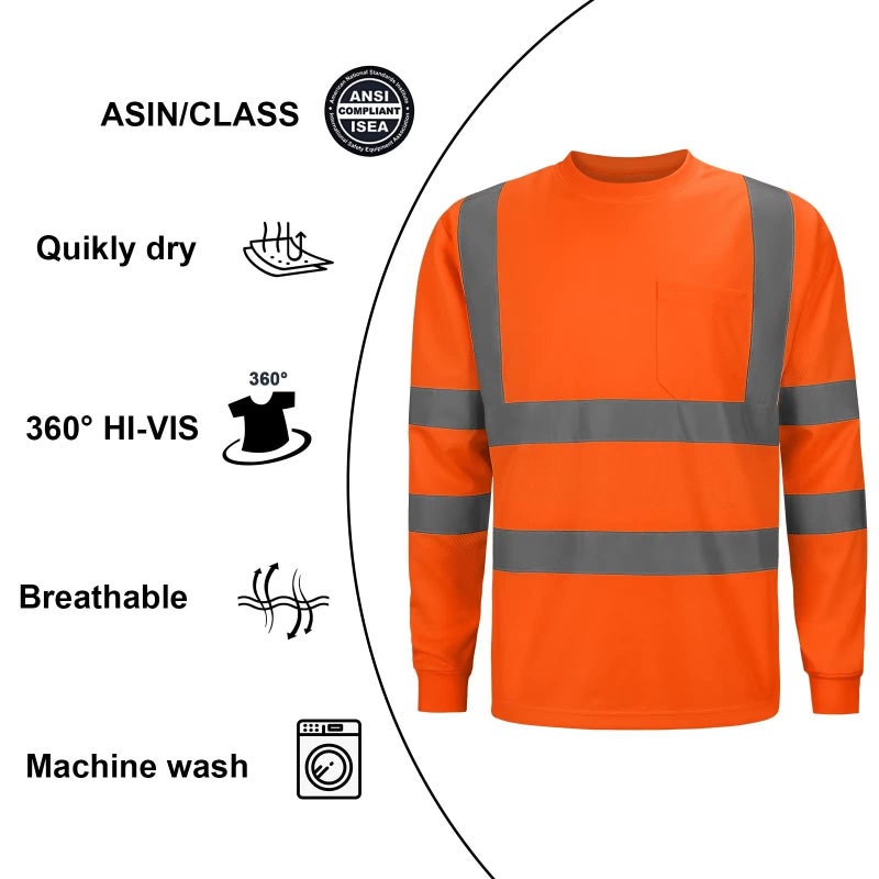 DPSAFETY High Visibility Class 3 T Shirts,Hi Vis Safety Shirts with Reflective Strips and Pocket, Long Sleeve Quick Dry Mesh Construction Work Shirt for Men/Women Orange,2XL - Image 3